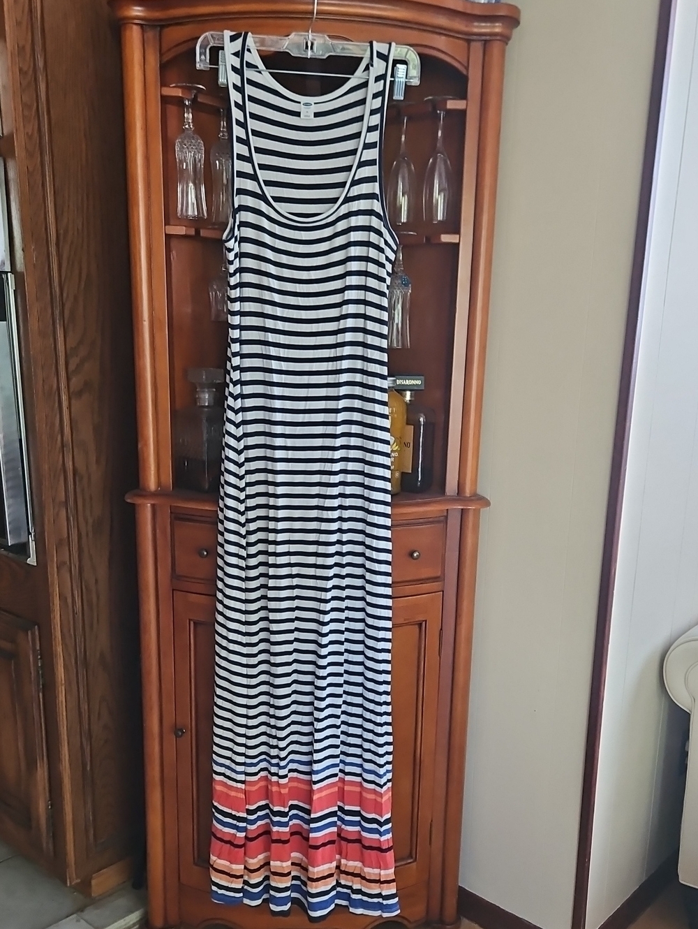 Old Navy Black & White Striped Maxi Dress with Coral Hemband